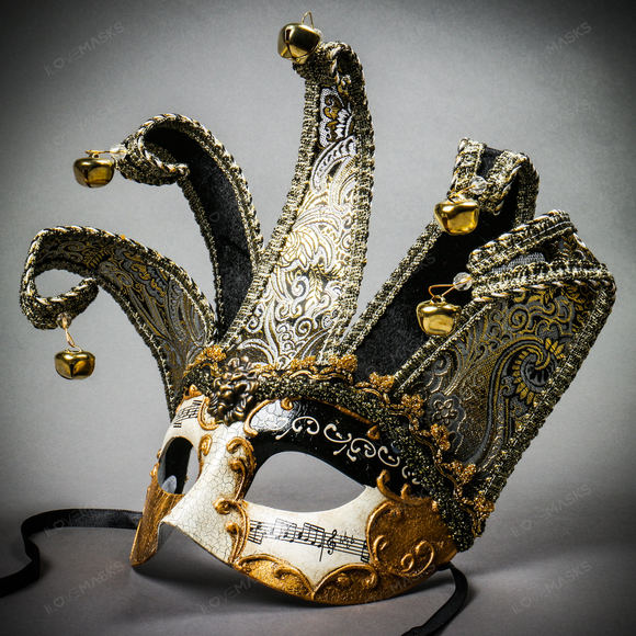 Jester Joker Venetian Musical Eye Mask with Bells - Black Gold - Picture 3 of 10